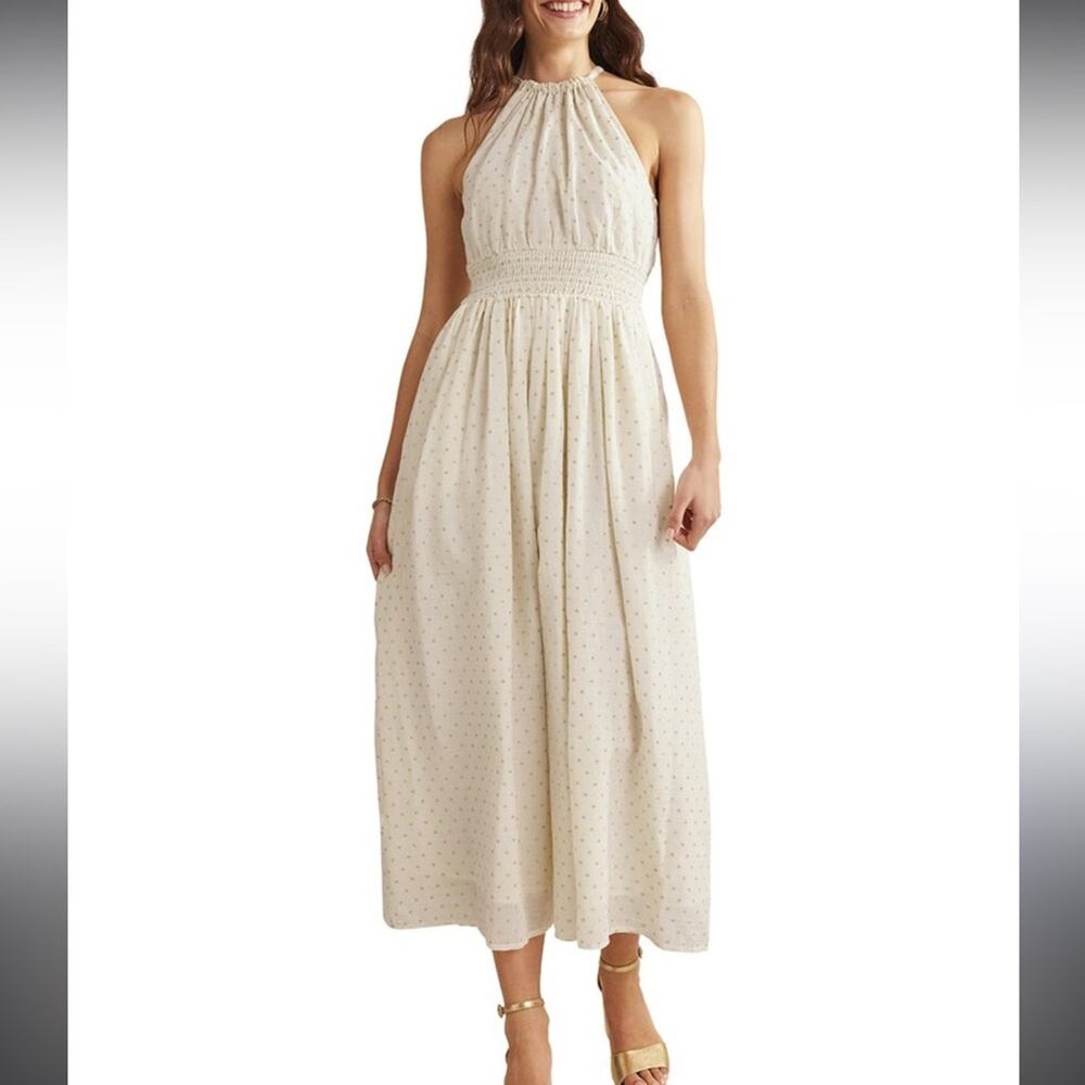 New Boden Cream Gold Metallic Detail Sleeveless Open Back Maxi Dress Women sz 14